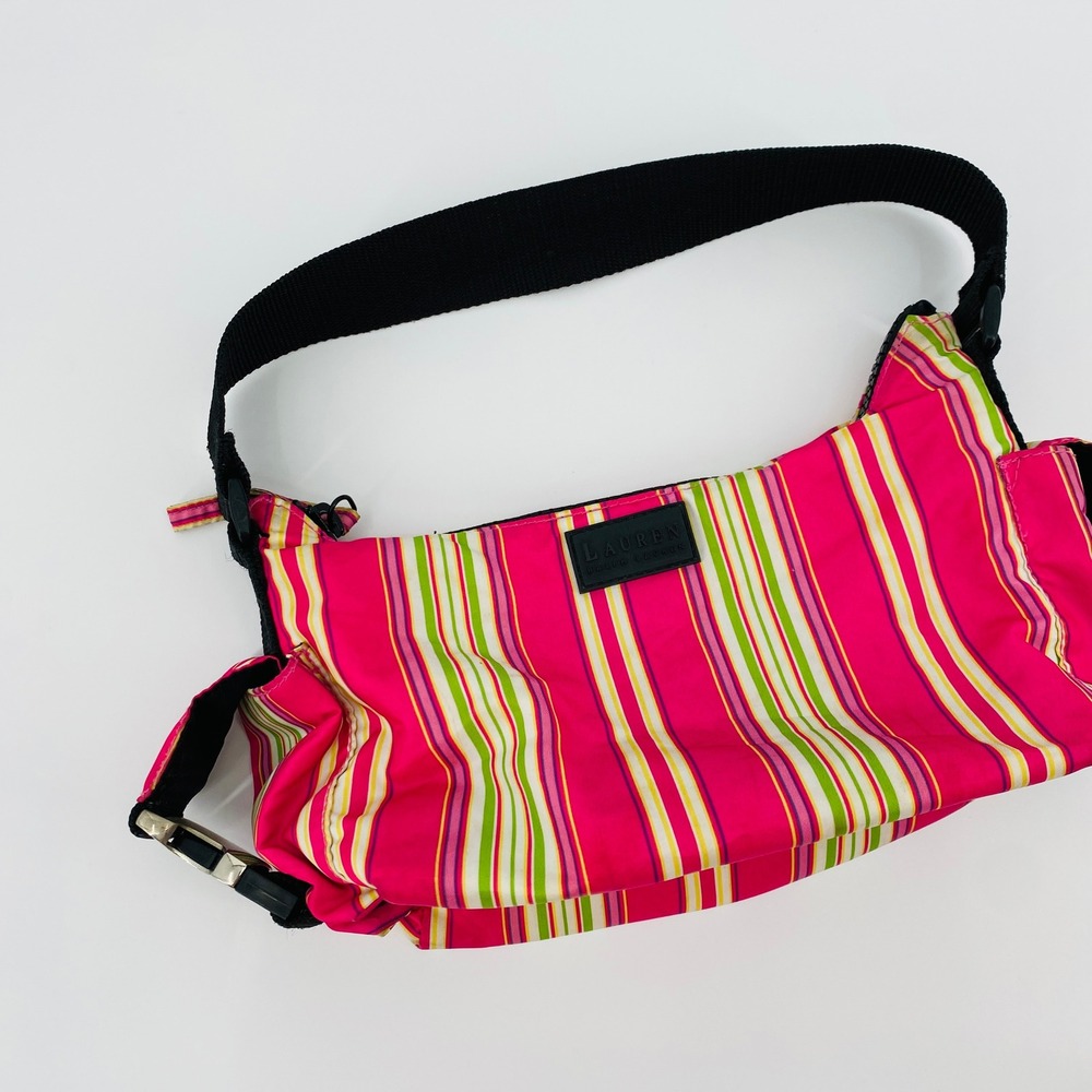 Vintage Y2K Ralph Lauren Shoulder Bag Womens Small Pink Striped Nylon Sporty